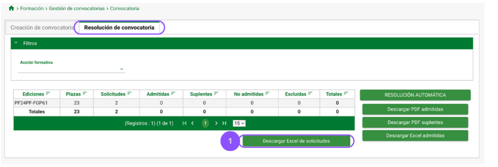 1."Descargar Excel de solicitudes". Este botón descarga un Excel que es de suma importancia, ya que nos ayudará en la selección de participantes admitidos.