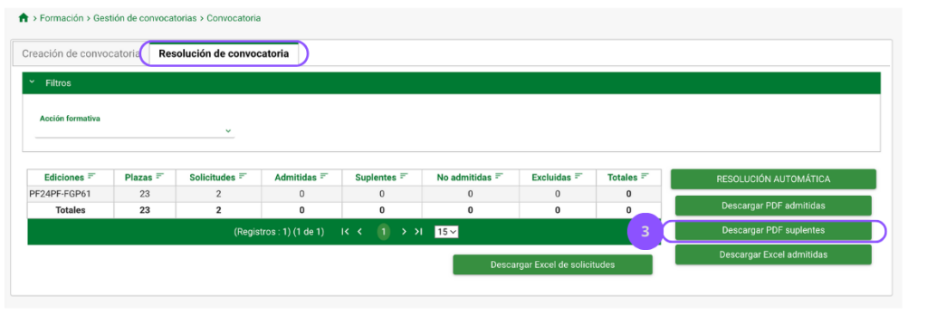 3. "Descargar PDF suplentes". Este botón nos sirve para generar un pdf para publicación en el portal web del IAAP con los DNIs truncados así como nombre y apellidos de todas las personas admitidas además de una columna a la derecha con indicación del número de orden de la suplencia.