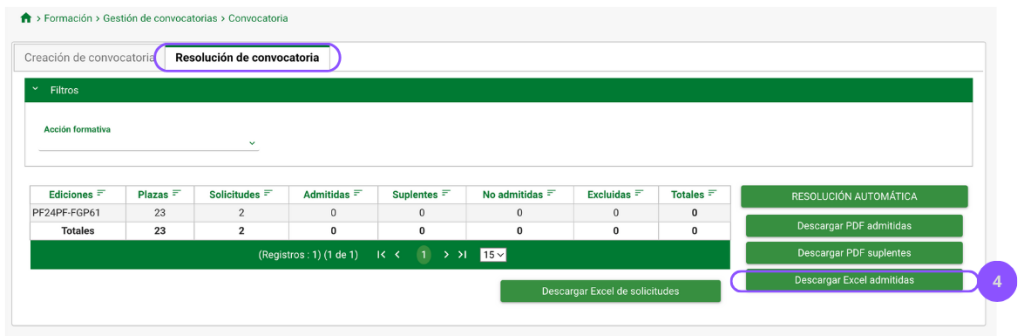 4. "Descargar Excel admitidas". Este botón descarga un Excel que contiene nombre apellidos, identificador y correo electrónico.  Este es un listado que después tendremos que trasladar a la secretaría técnica de teleformación para que pueda enrolar al alumnado.