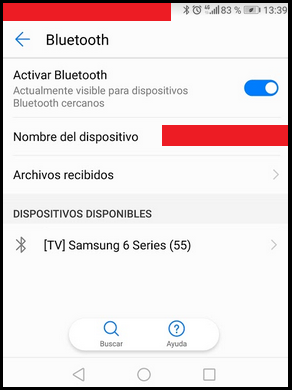 Un telefono que busca disposivos Bluetooth ha encontrado un dispositivo que se identifica como un televisor Samsung Serie 6 de 55 pulgadas